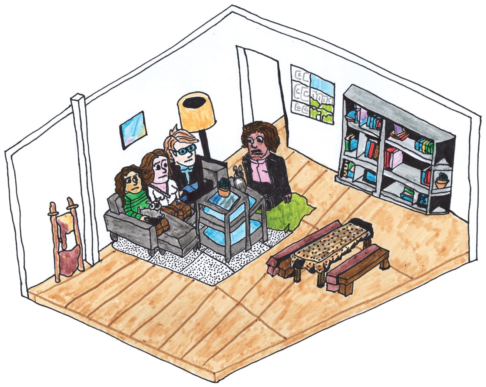 Dibujo de una sala vista desde arriba: cuatro amigos en un sofá, una lámpara, una librería y una mesa con bancos